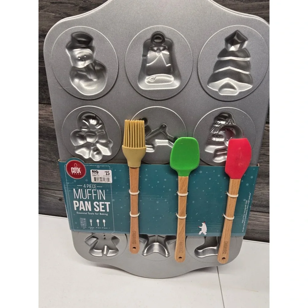 Cookworks 4 Piece Holiday Muffin‎ Pan Set Snowman Tree Gingerbread Snowflake New